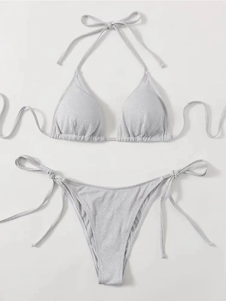 Women's bandage bikini swimsuit with split design in khaki gold colour