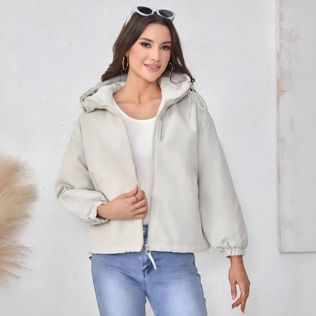 Women's hooded shell jacket loose fit polyester long sleeve solid colour black front view