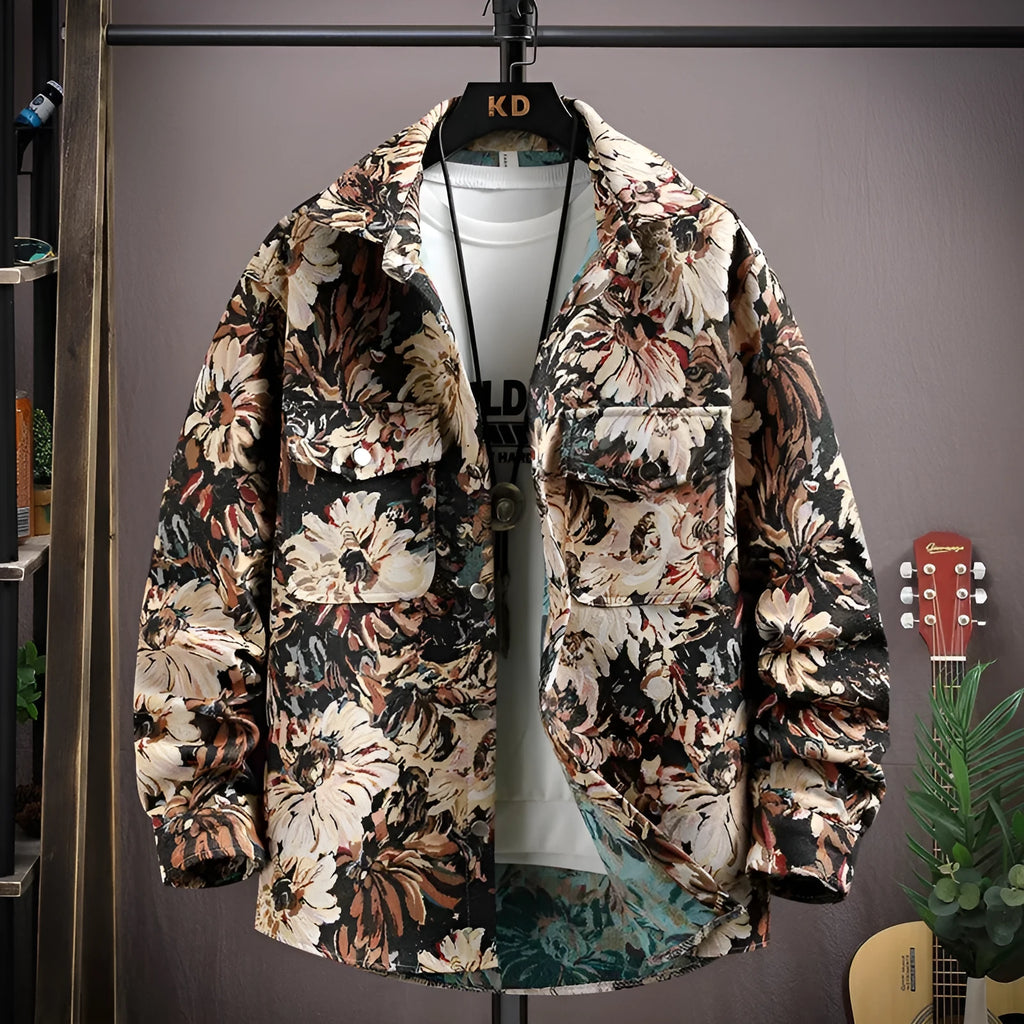 Casual lapel shirt coat with straight hem in polyester fabric, showing front view