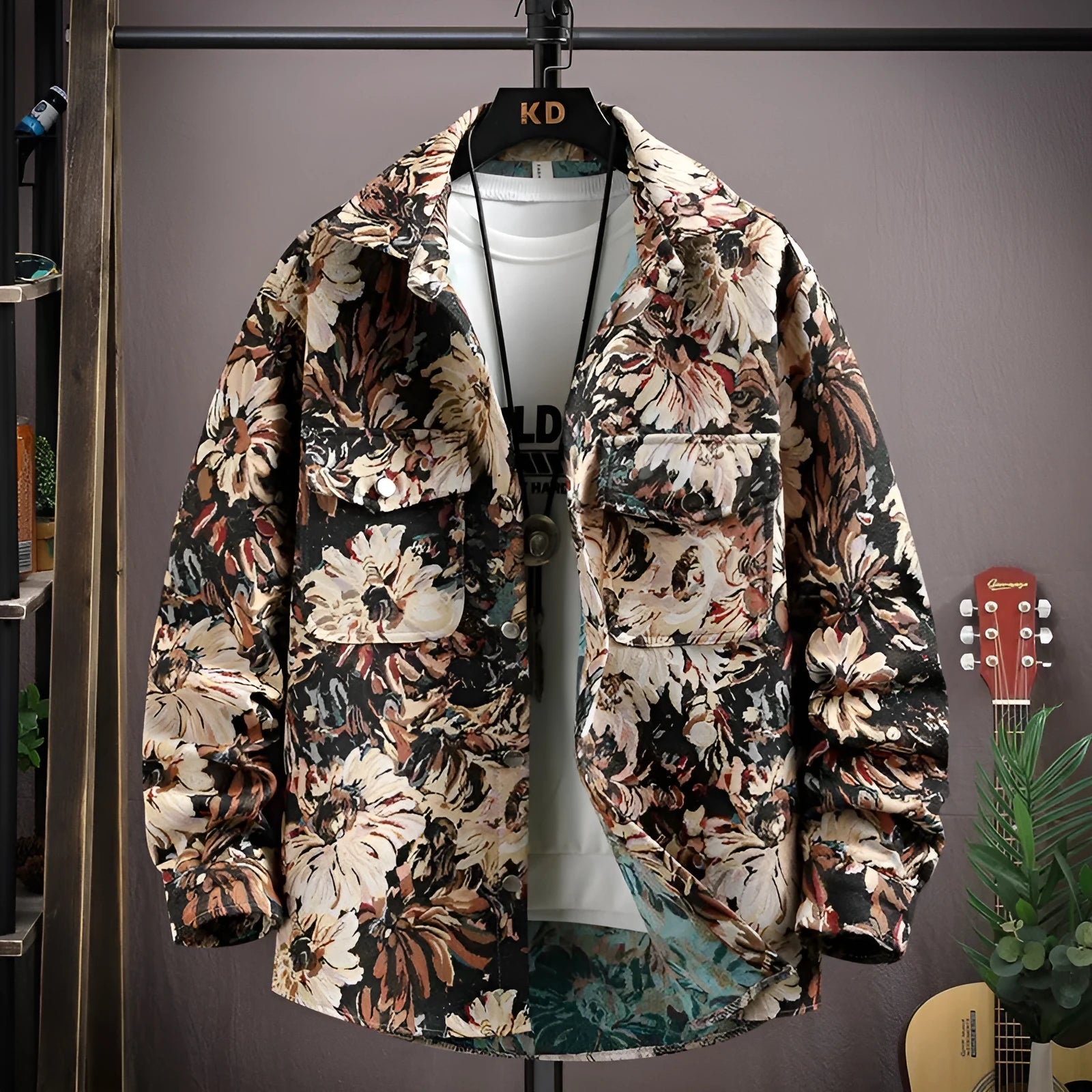 Casual lapel shirt coat with straight hem in polyester fabric, showing front view