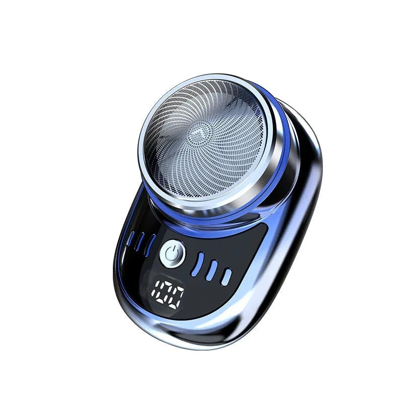 Mini electric shaver with LED digital display, black finish, and removable cutter head for travel use