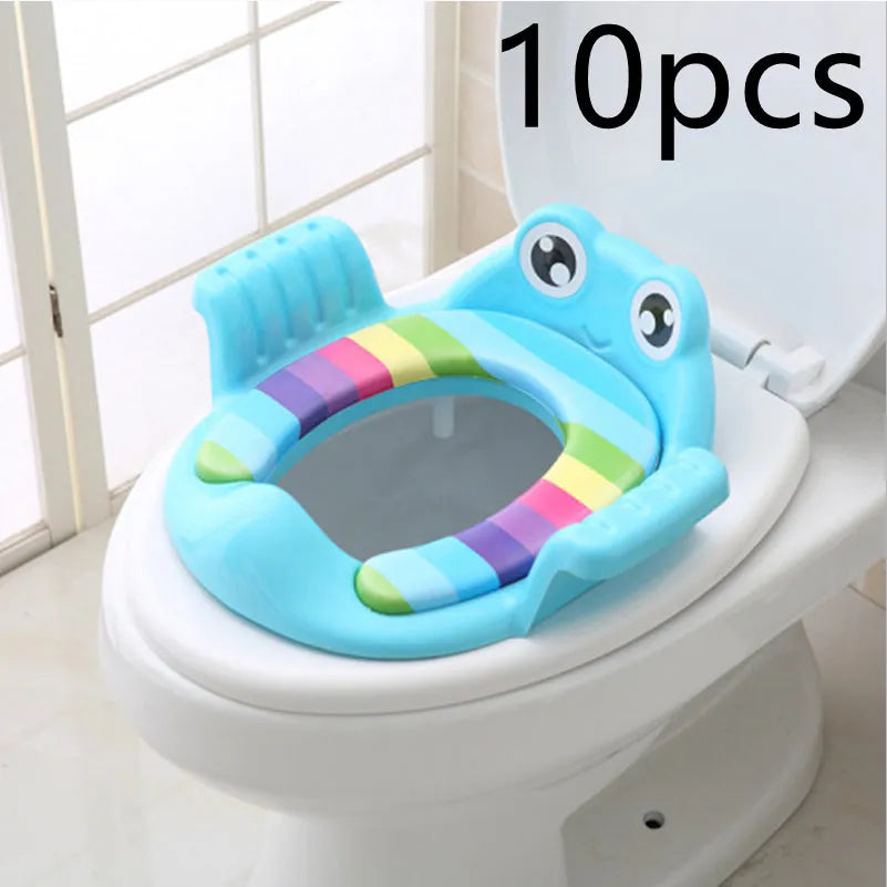 Pink baby toilet seat with adjustable non-slip pads for toddlers aged 1-6 years on a toilet bowl