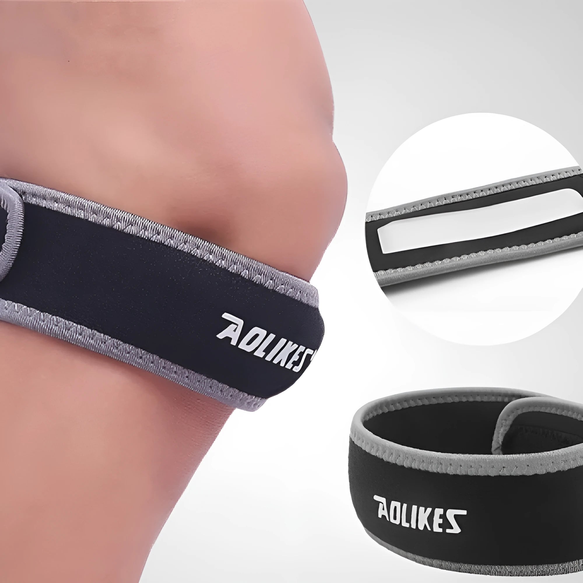 Black and grey patella retinaculum knee support for adult sports like running and football.