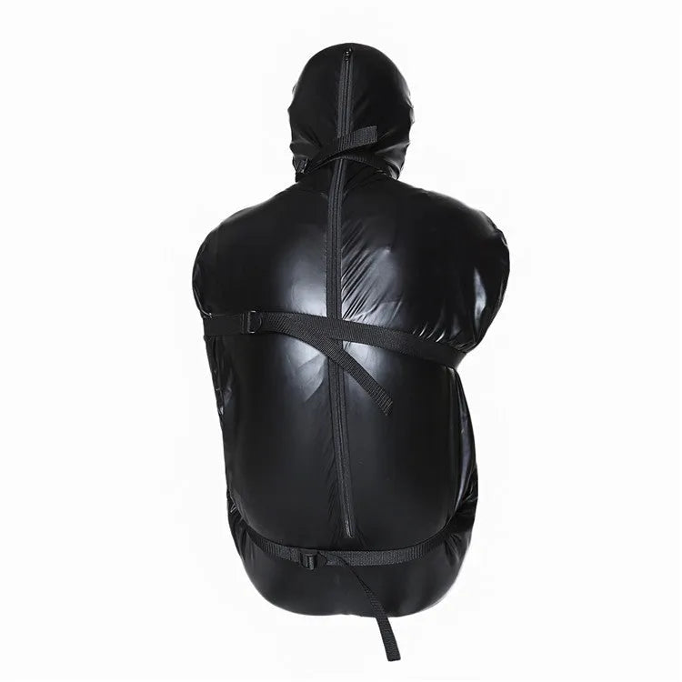 Black patent leather BDSM restraint set with full body wrap and six ratchet straps