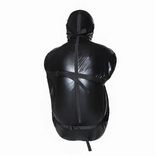 Black patent leather BDSM restraint set with full body wrap and six ratchet straps