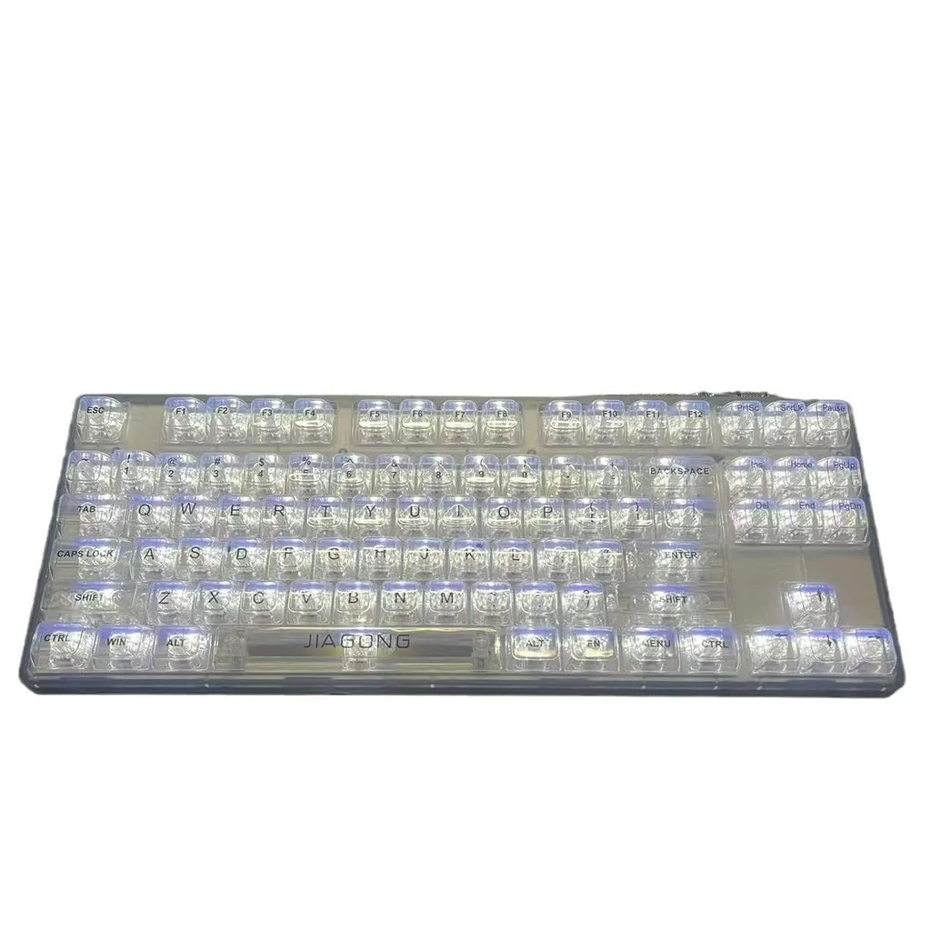 Transparent 132-key mechanical keyboard key cap set showing clear plastic construction