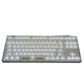 Transparent 132-key mechanical keyboard key cap set showing clear plastic construction