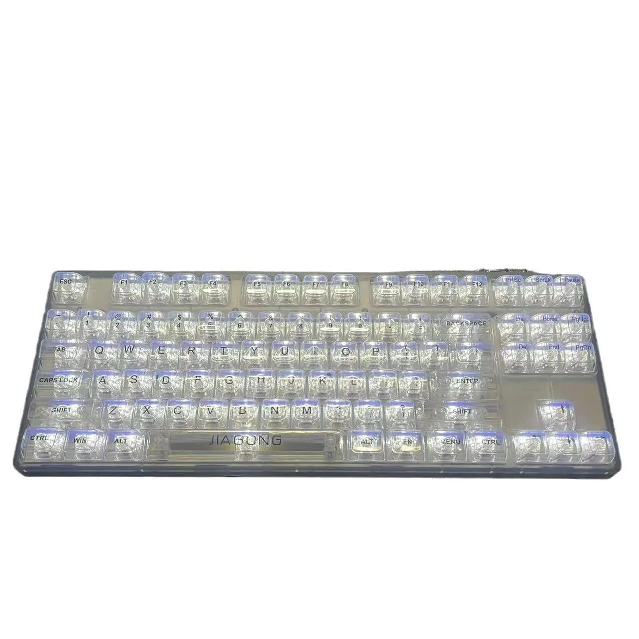 Transparent 132-key mechanical keyboard key cap set showing clear plastic construction