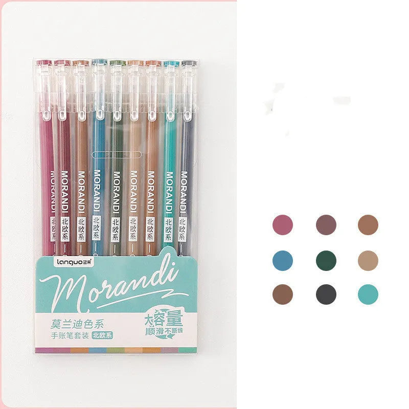 Set of nine retro Japanese colour gel pens with 0.5mm needle tips on white background