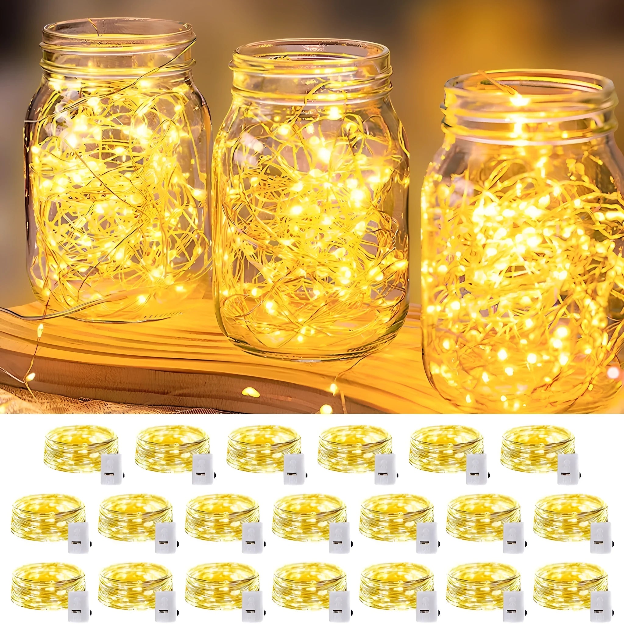 LED waterproof firefly string lights with warm white bulbs in 1m length on a dark background
