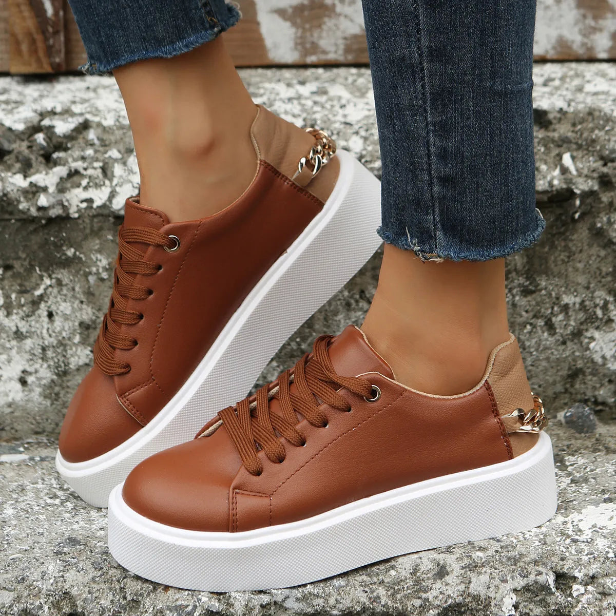 Round head cross strap thick bottom casual low-top sneakers chain pumps women black colour