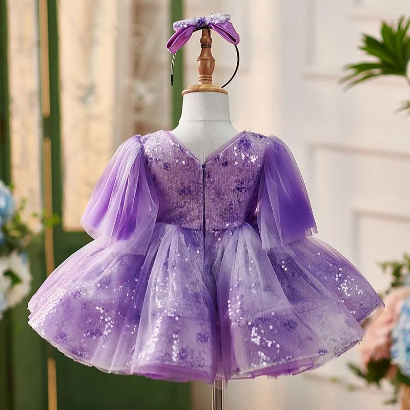 Purple tie-dyed Swiss net mesh princess pettiskirt dress for girls, sizes 80cm to 160cm, with hair accessory