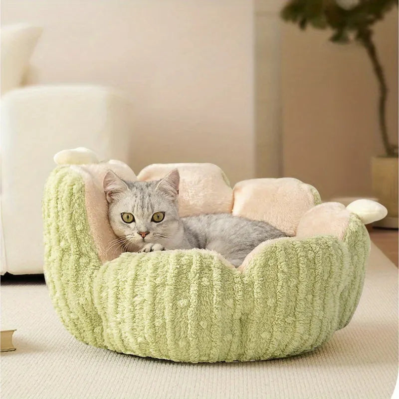 Green or purple soft cactus-themed cat litter kennel pet bed in large or small size.