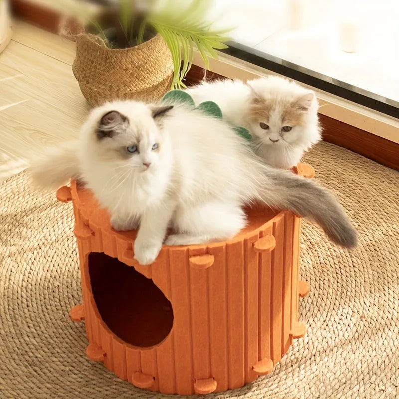 A soft grey felt cat tunnel nest shaped like a carrot, shown in a semi-enclosed tunnel design.