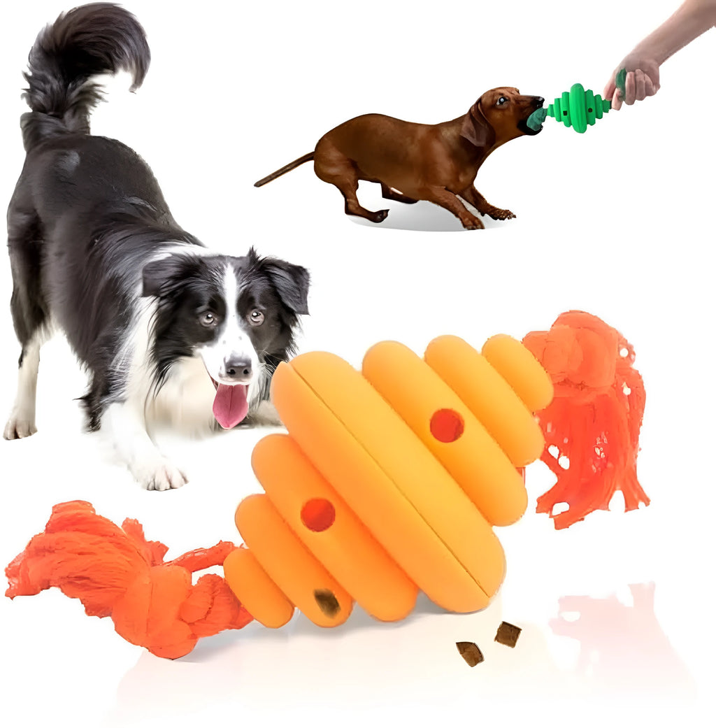 Green and yellow split oval dog ball with attached rope, a treat-dispensing chew toy