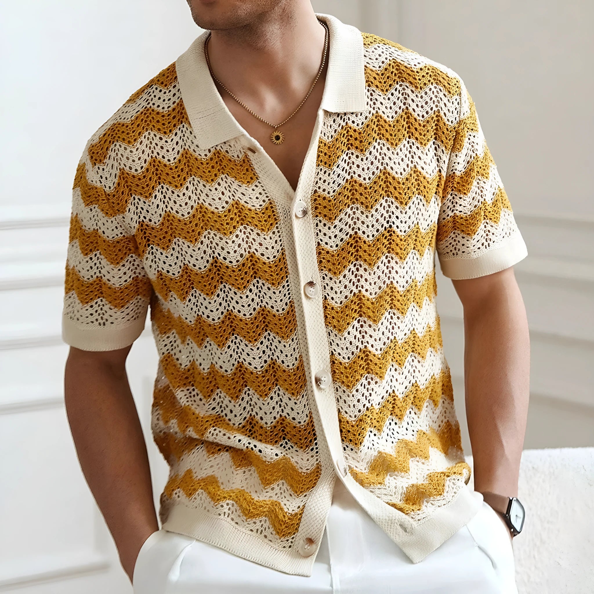 Men's American-style hollow jacquard corrugated short sleeve sweater in yellow, blue or brown with textured flocking design