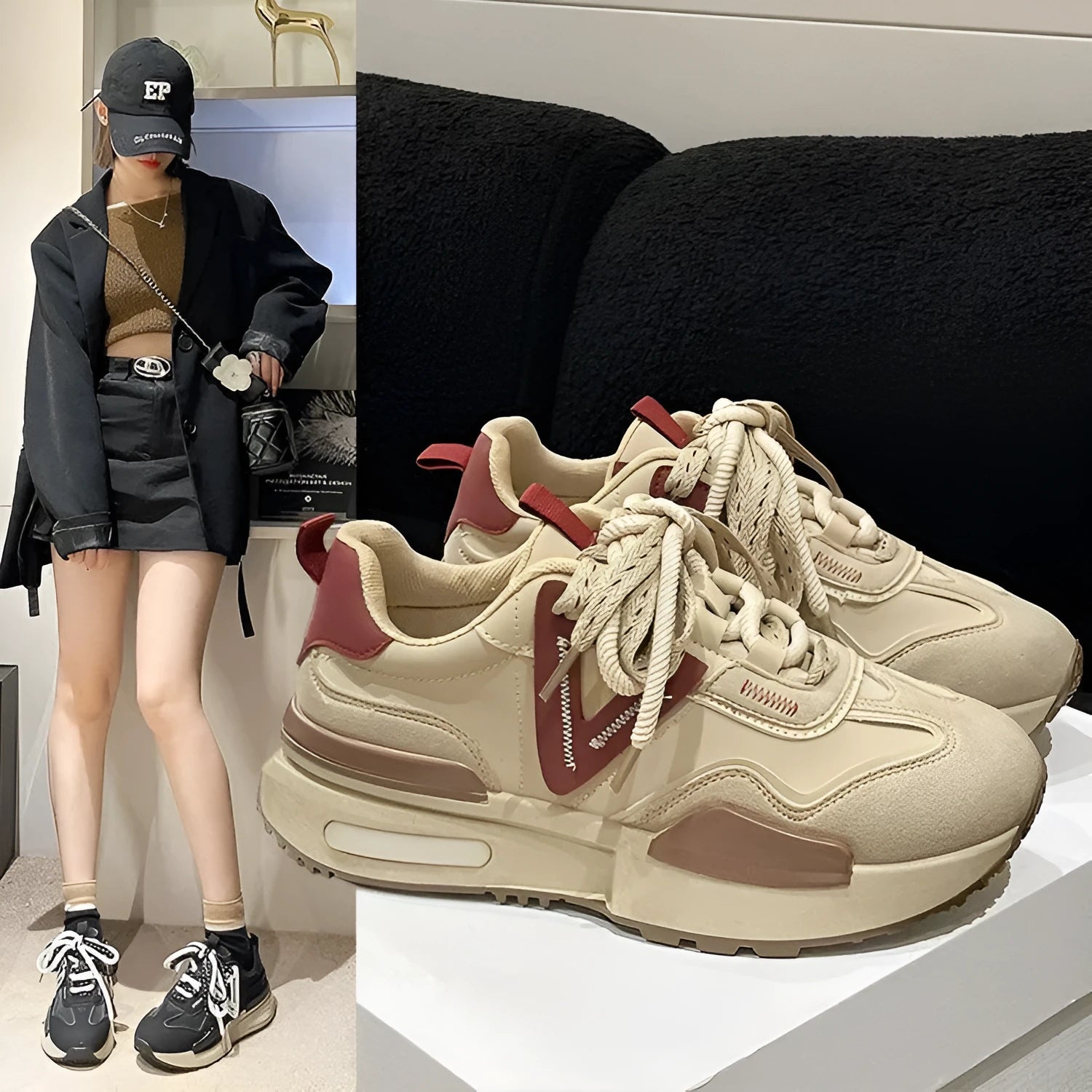 Women's black and khaki red retro platform sports shoes with lace-up front and rubber sole.