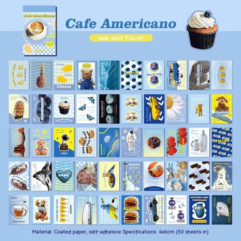 American retro cartoon sticker book open showing 4x6cm sheets in black, pink, blue, green, purple, and yellow colours.
