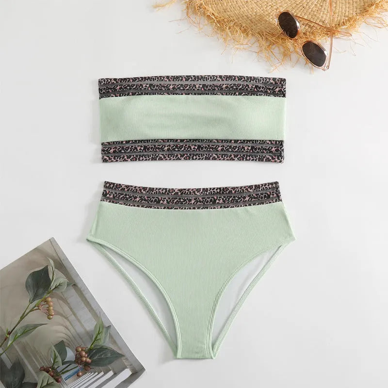 Black strapless split swimsuit with leopard print splicing detail, two-piece bikini set with briefs style