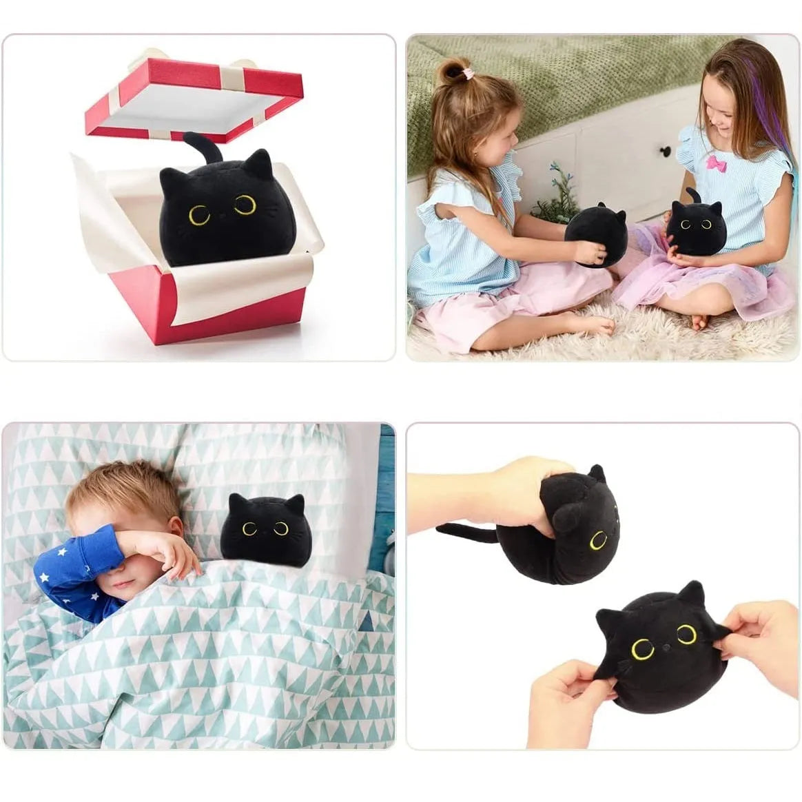 Fluffy black cat plush toy stuffed animal cushion on a sofa