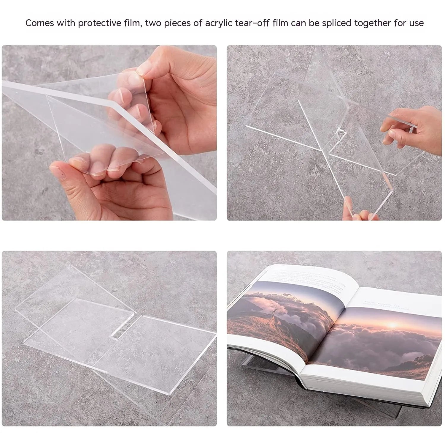 Clear acrylic X-shaped book reading rack displaying books on desktop