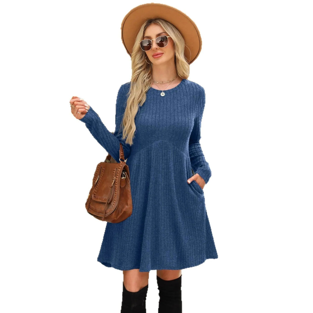 Women's bohemian brushed sunken stripe dress in solid colour, princess-style mid-length, wide waist, available in multiple colours