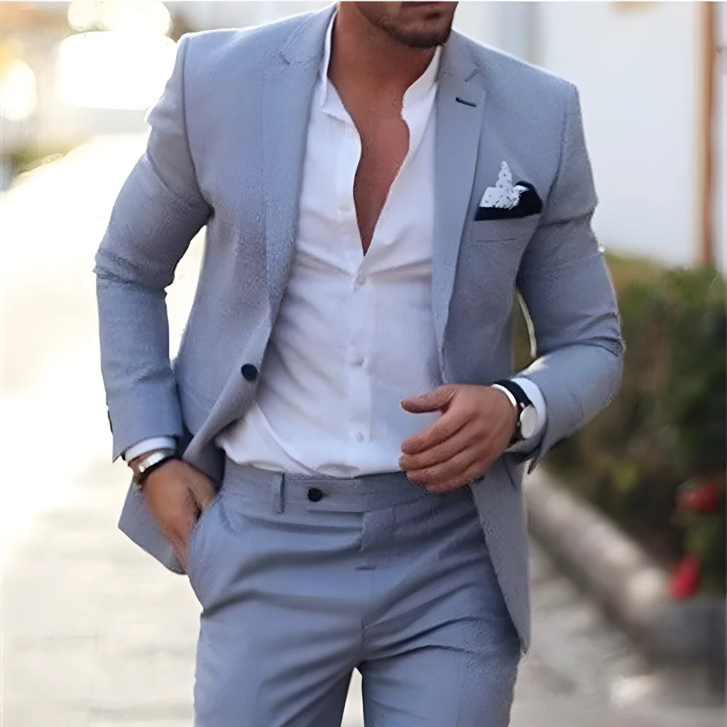 Men's plus size linen blend two-piece suit in slim fit, jacket and trousers set, eight colour options, sizes M to 6XL