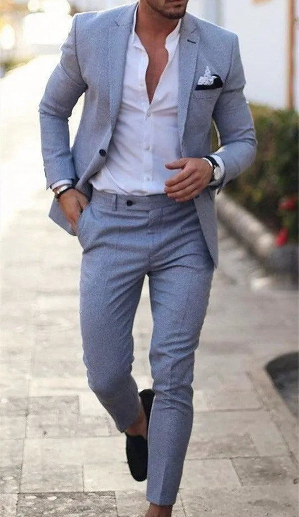 Men's plus size linen blend two-piece suit in slim fit, jacket and trousers set, eight colour options, sizes M to 6XL
