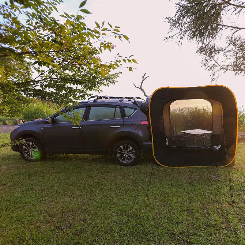 Black pop-up car tail tent with steel frame and waterproof Oxford cloth unfolded to 200cm cubic dimensions