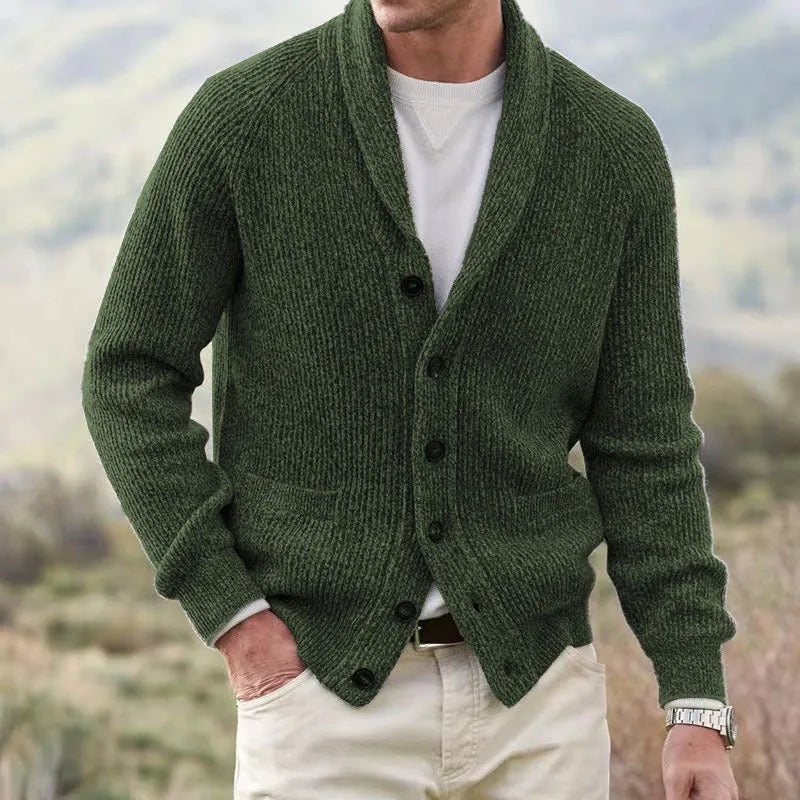 Men's cotton blend thickening lapel cardigan coat in camel, loose fit, long sleeves, front view
