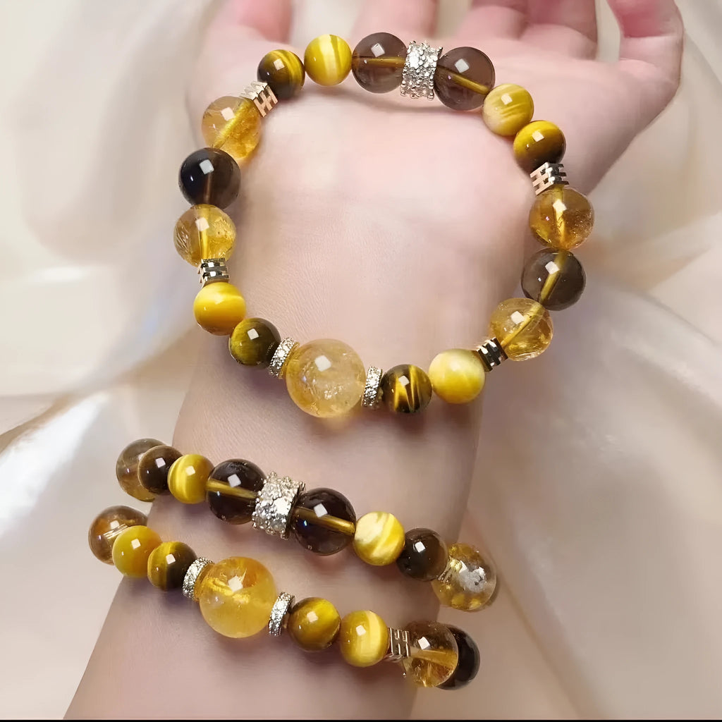 Natural yellow tower crystal string beads bracelet with 10mm Jinba beads on wrist
