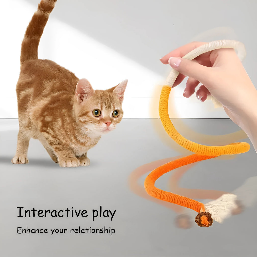 70cm long cotton string cat biting rope toy with catnip, shown in purple, orange, and red with green colour options.