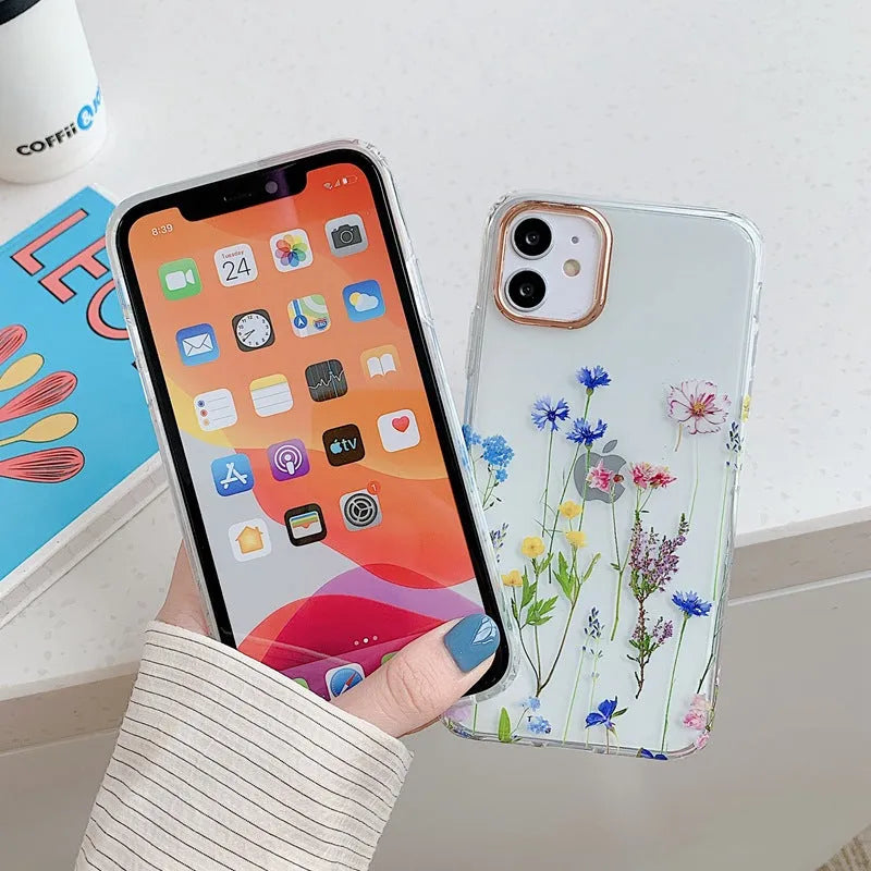 Fresh flowers and grass fashion TPU phone case for iPhone, back cover style with fall protection, flower pattern