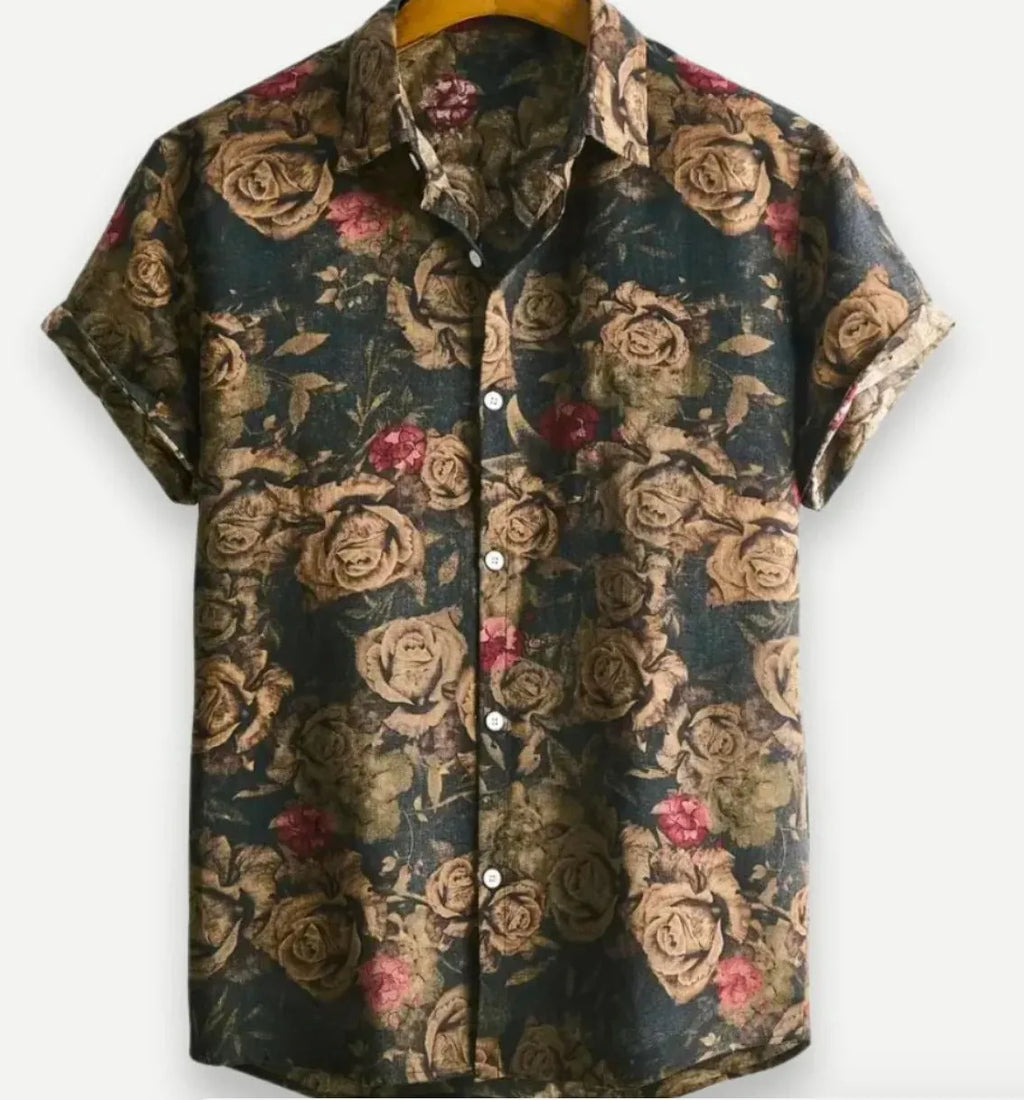 Man wearing a short sleeve Hawaiian print shirt with floral pattern and elastic fabric.