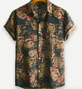 Man wearing a short sleeve Hawaiian print shirt with floral pattern and elastic fabric.