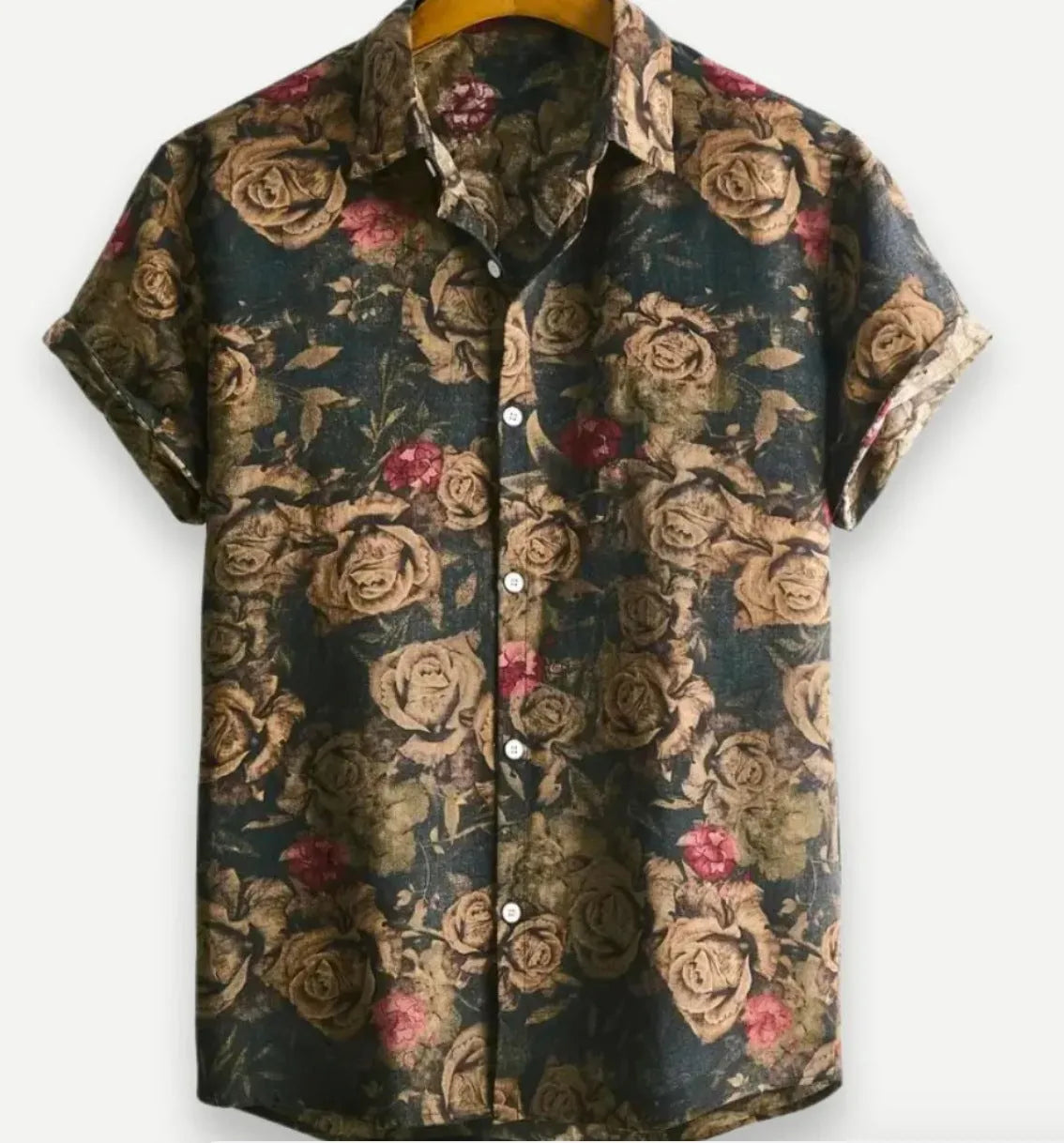 Man wearing a short sleeve Hawaiian print shirt with floral pattern and elastic fabric.
