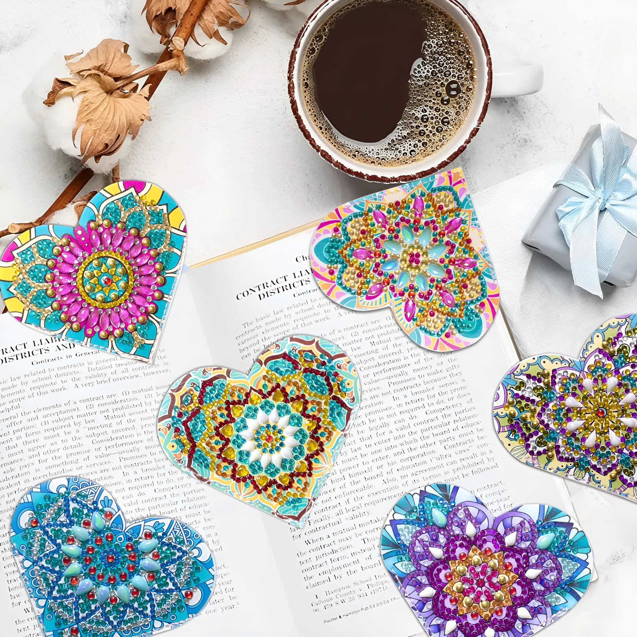 Six handmade PU leather bookmarks with crystal decorations and floral painted designs