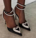 Women's black satin sandals with heart-shaped rhinestone toe and adjustable ankle strap