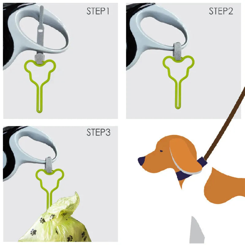 A hands-free dog waste bag holder with a fixed clip and adjustable Velcro strap attached to a pet leash.