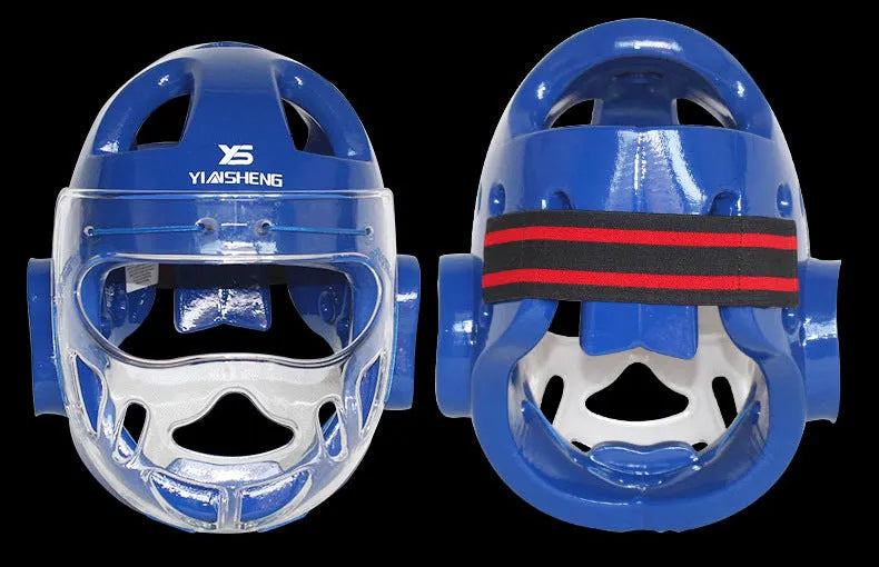 Karate helmet protective equipment for boxing training in white, blue, and red colours with multiple size options