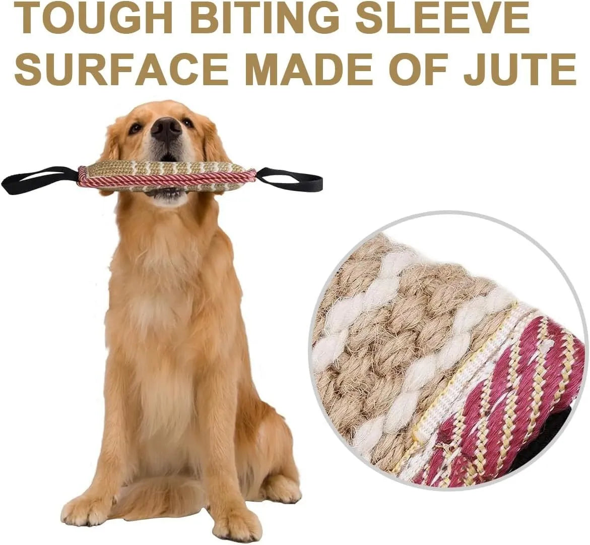 Beige and pink jute dog tug toy with two handles for training small medium dogs