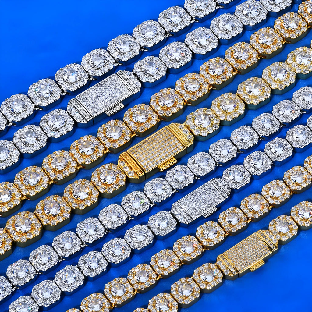 Hip hop zircon rock candy necklace gold finish on copper chain with 12mm width