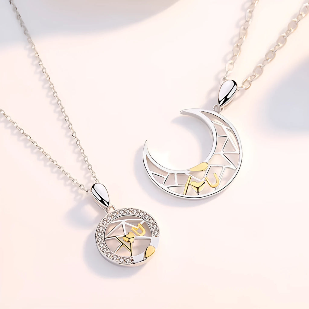 Sun and moon couple necklace with copper pendants on cross chain for matching jewellery