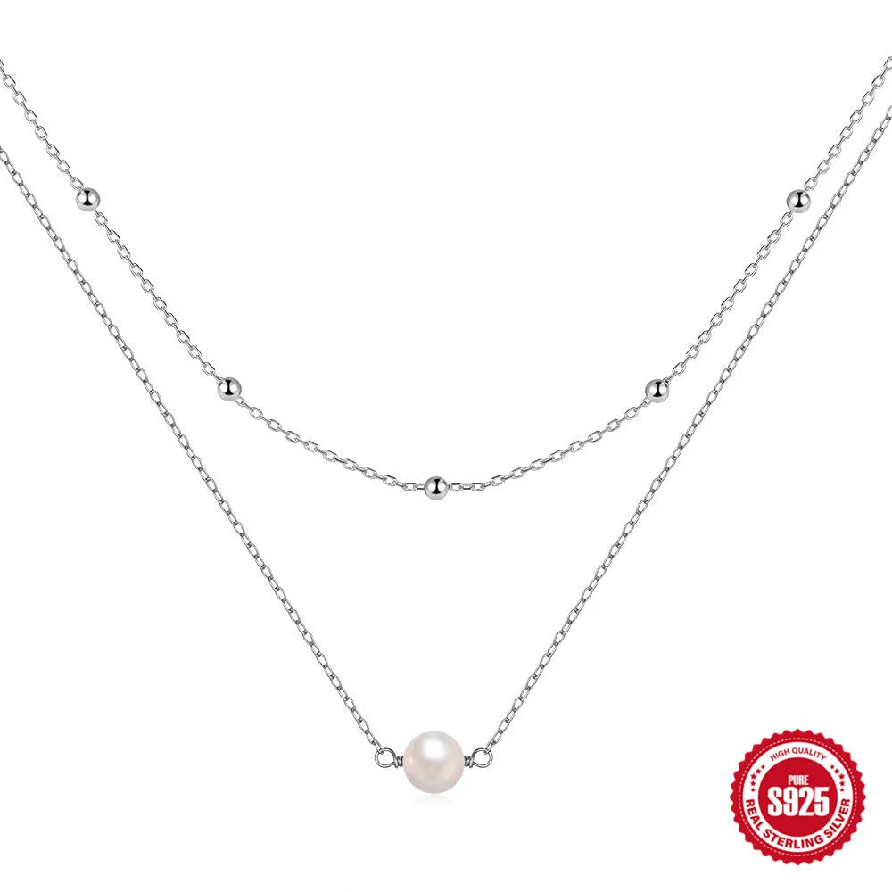 S925 sterling silver double layer necklace with twin pearls on geometric pendant and ball bead chain