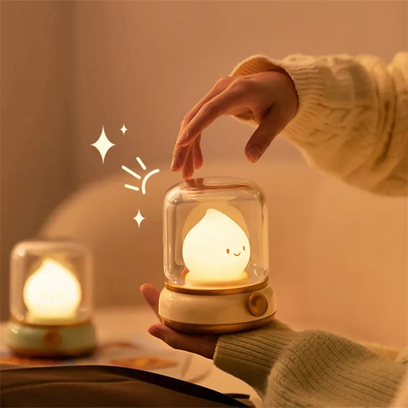 Retro small USB rechargeable night lamp with adjustable warm light on bedside table, compact 100x108x124mm size