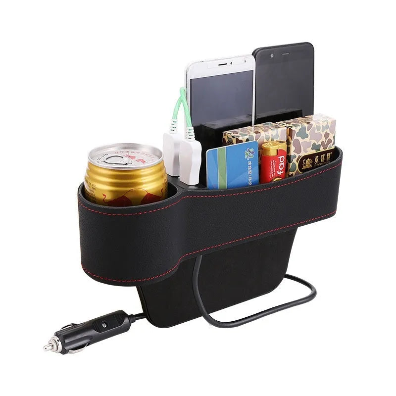 Car seat gap storage box with dual USB ports and PU leather finish in black and red, fitted between seat and centre console