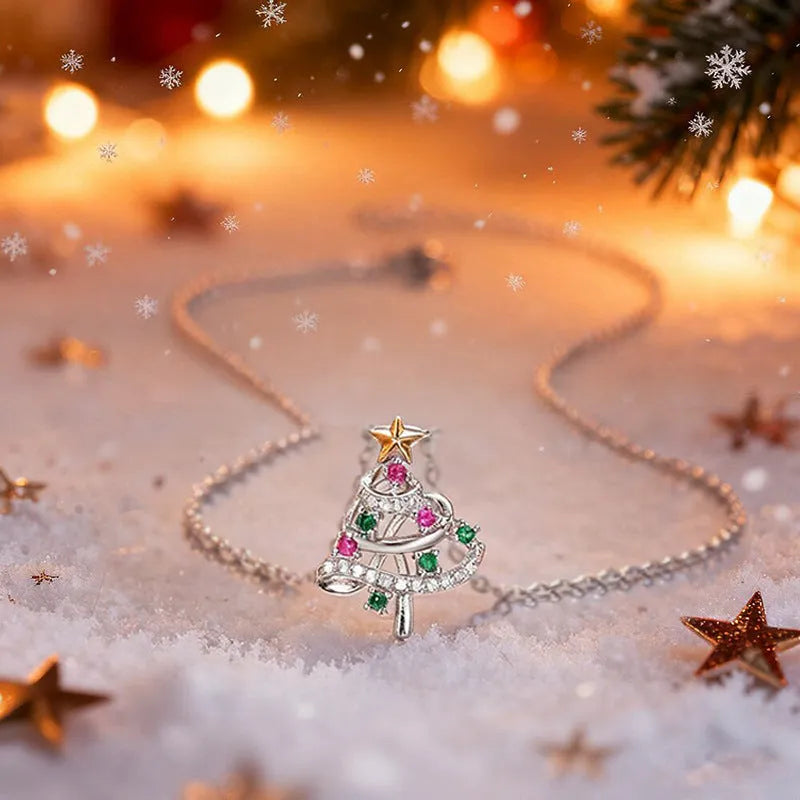 Two-tone copper Christmas tree necklace with inlaid zircon and adjustable O-ring chain on white background
