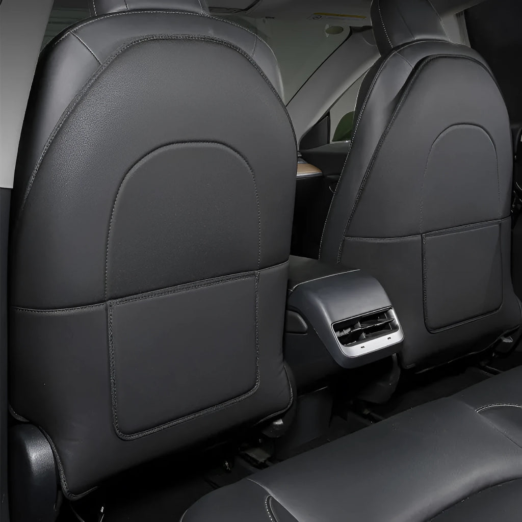 Black leather motorcycle rear seat anti kick pad protector showing full coverage design.