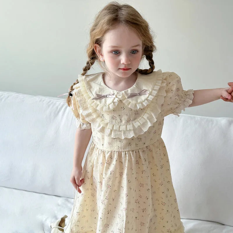 Beige cotton floral dress with lace trim and short sleeves for girls height 90-130cm