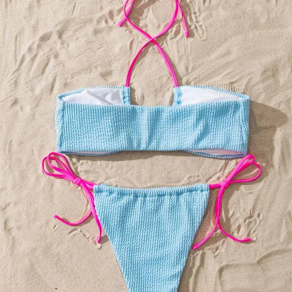 Solid colour women's seperated swimwear with halter lace-up top and high-waist briefs in picture colour